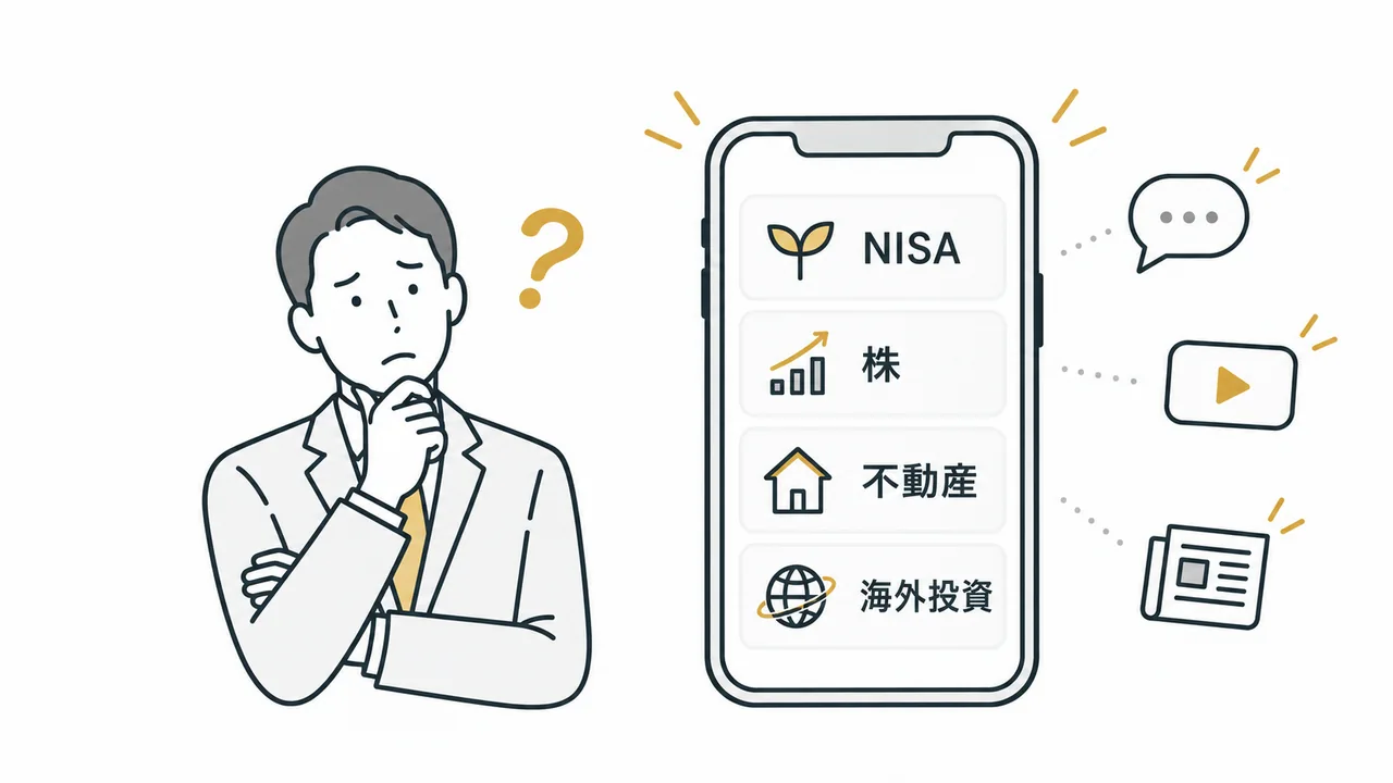 スマホに並ぶNISA・株・不動産・海外投資と、SNS・動画・ニュースの情報に迷う人のイラスト